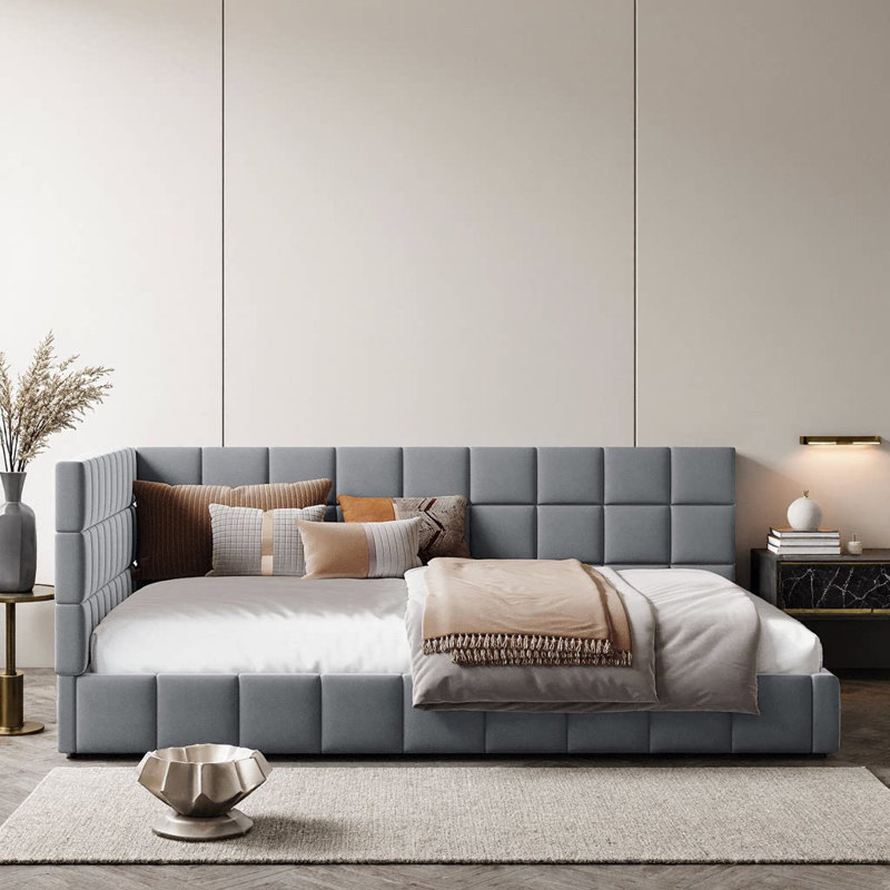 Structure de canapé-lit double en velours pleine grandeur de style moderne Mid-Century beige, Gris