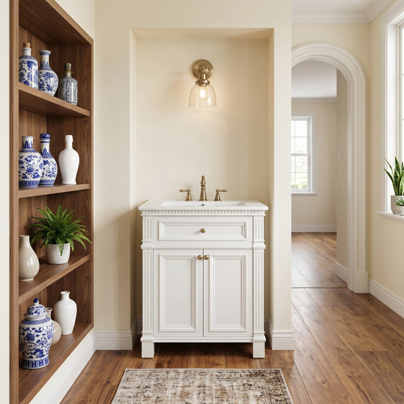 Armoire de salle de bain vintage 24 "avec lavabo en céramique - meuble-lavabo élégant avec portes à fermeture en douceur, tablette réglable et ouverture arrière pour un décor de salle de bain classique