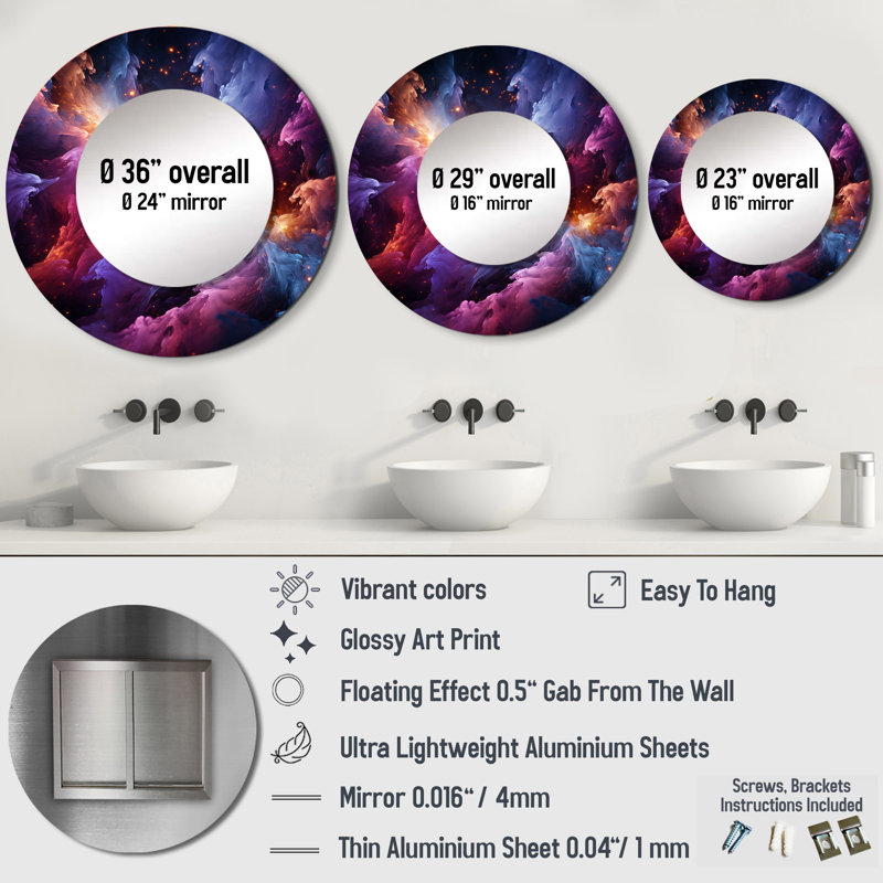 Rêves interstellaires abstraits or mauve - miroir unique de fractales, grand miroir mural rond moderne, impression d'art en métal