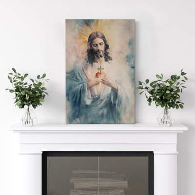 Sacré-Cœur de Jésus, reproduction d'art sur toile - Décoration religieuse chrétienne à l'aquarelle pour le salon ou la chapelle