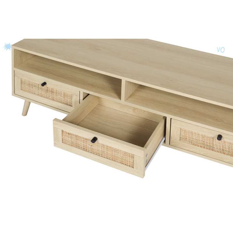 Meuble télé en rotin avec pieds en bois massif, console télé pour le salon