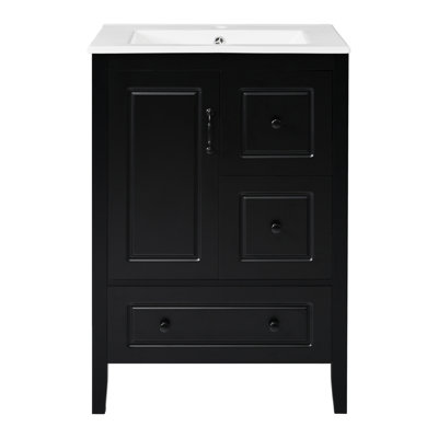 24 Inch Bathroom Vanity With Sink, One Cabinet With Soft-Closing Door, 3 Soft-Closing Drawers, Retro Metal Handles, Black