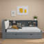 Lit plateforme avec lit gigogne, tablettes de rangement, tête de lit tapissier et plateau de rangement rotatif-595315316