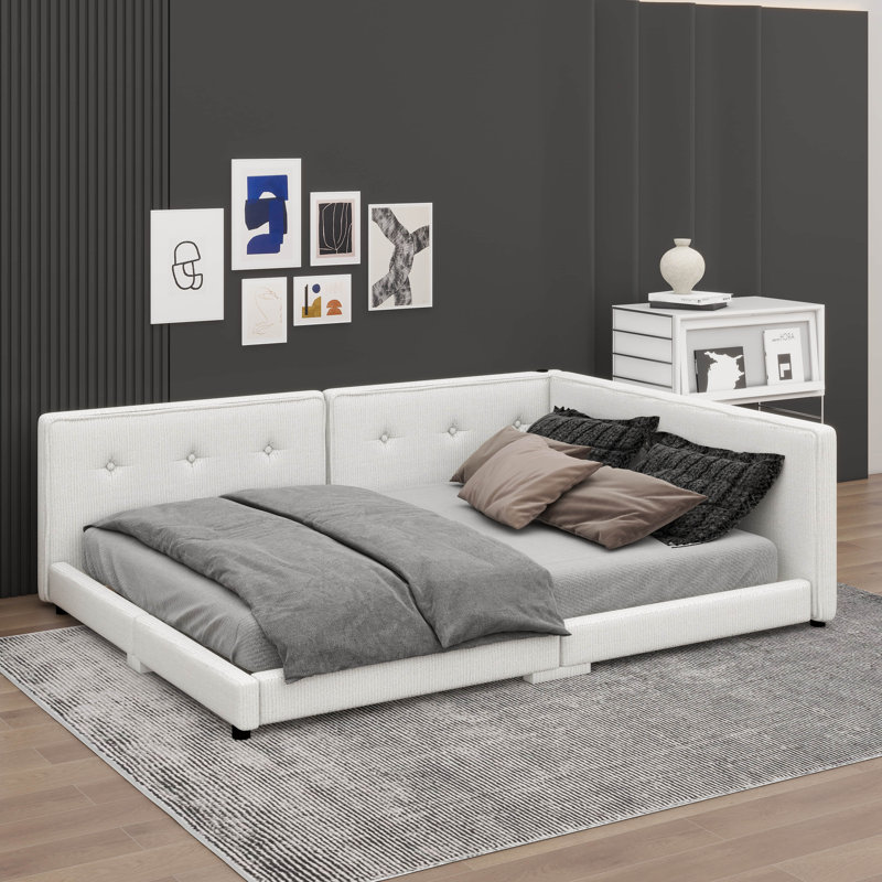 Lit plateforme tapissier avec ports USB intégrés, Beige, Grand lit