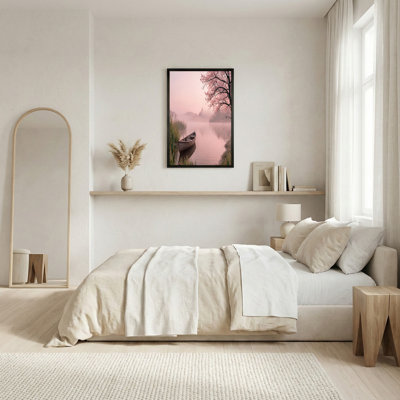 Toile en bois en bois par Pink Cherry Blossom Tree on Misty Lake, impression sur toile