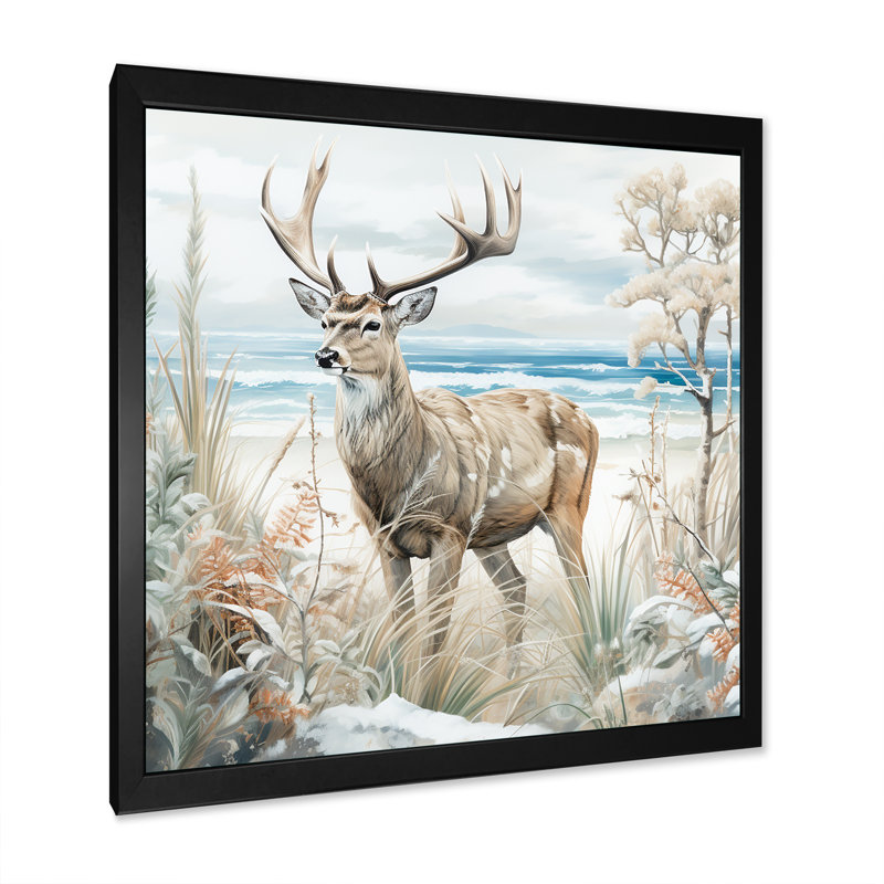 Deer Charm In Winter - Deer, reproduction d'art sur toile, Cadre photo noir, H 16 po x l 16 po x P 1 po
