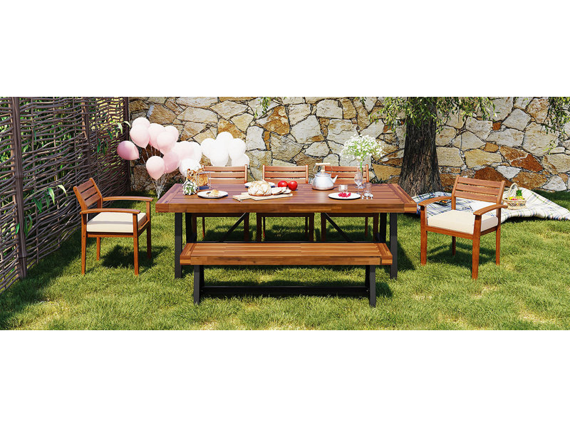 Outdoor Wood Dining Set For 7-8 Person, Outdoor Dining Furniture With Removable Cushions, Ergonomic Chairs And Bench, Thicker Table, Nature