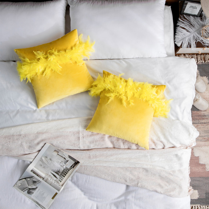Feather Throw Pillow, 18"H x 18"W, Yellow, Pillow Cover & Insert