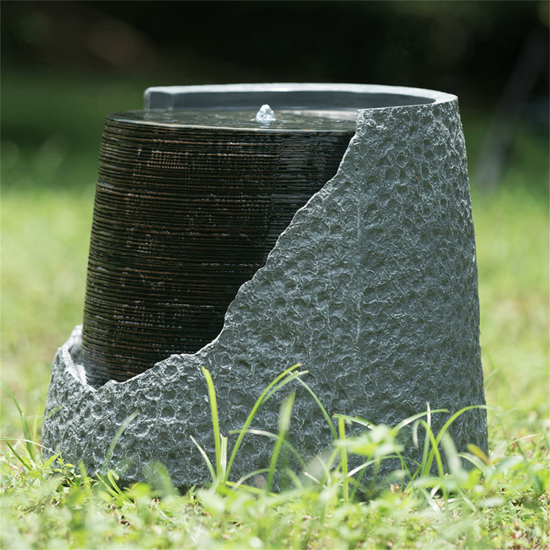 Modern Polyresin Indoor Outdoor Broken Urn Water Fountain, Gray And Black, 17.9" H x 19.7" W x 19.7" D