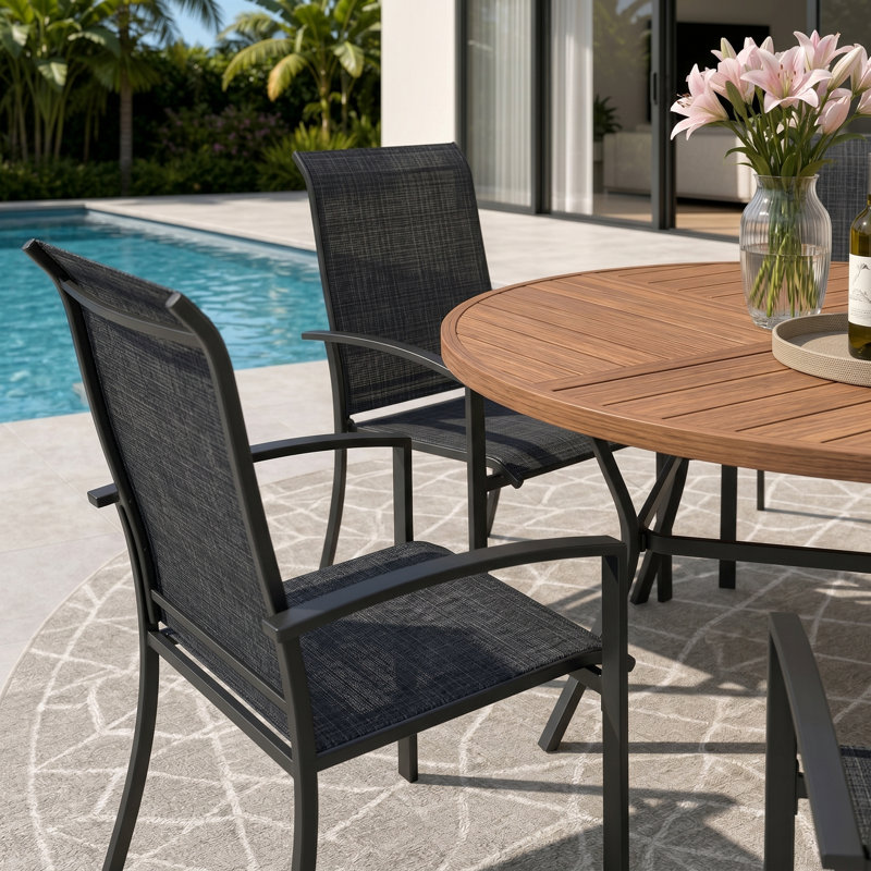 8-Person Round Patio Dining Set With Stackable Textilene Chairs, Brush Wood Brown/Black