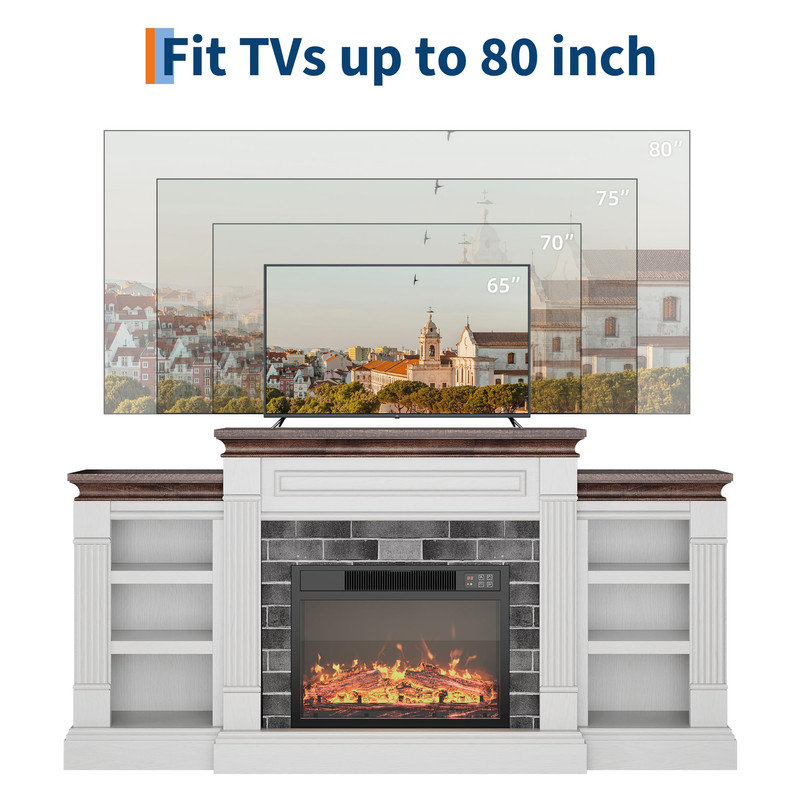 Meuble télé avec foyer électrique intégré de 180 cm (71 po) pour téléviseurs jusqu'à 203 cm (80 po), centre de divertissement moderne avec entourage en imitation pierre, 6 étagères réglables et télécommande, blanc