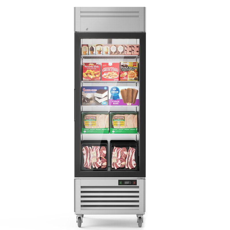 Coolake 27” W Glass Doors Commercial Display Freezer, 23 Cu.ft Stainless Steel Auto-defrost Merchandiser Freezer, Reach-in Upright Freezers With Led Lighting For Restaurant Retail Shop Store Home Office