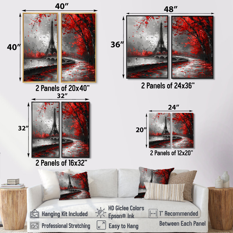 Monochromes rouges Tour Eiffel Paris I - Grande ville, art mural 2 pièces, 20" H x 24" W, Impression encadrée flottante