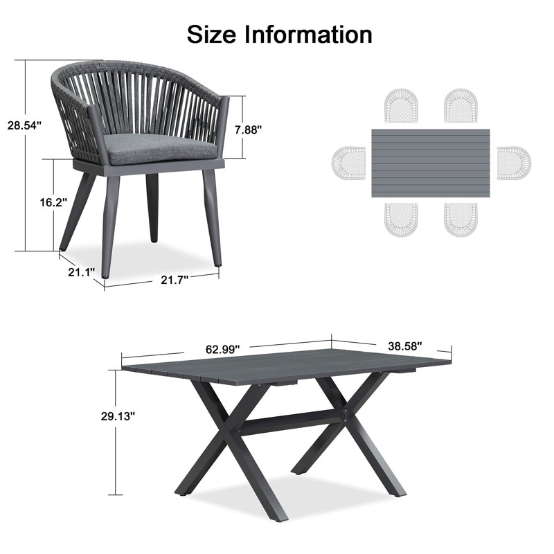 Corrigan Studio®  Outdoor Dining Set With Patio Aluminium Dining Table And Wicker Rattan Chairs Modern Furniture Cushions Sets For Backyard Indoor Decor Kitchen Grey
