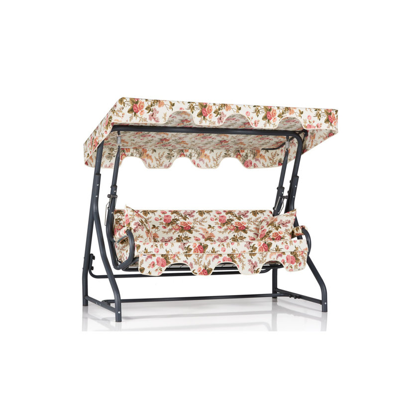 Balancelle triple de jardin Rishikesh, structure en métal, 39,4 x 63,0 x 43,3 pouces | Tissu 100% polyester, facile à nettoyer, 18 sièges en mousse, capacité: 529 lb | Motif floral traditionnel, coussins amovibles pour plus de confort et de style