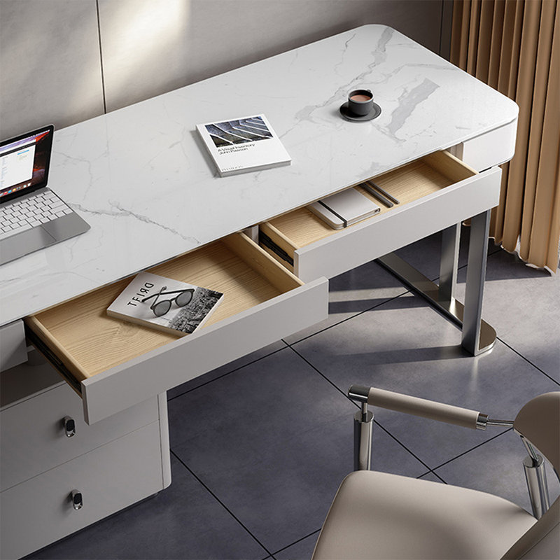 Bureau blanc rectangulaire en bois manufacturé avec 2 tiroirs, Gauche, H 29,53 po x l 55,12 po x P 23,62 po
