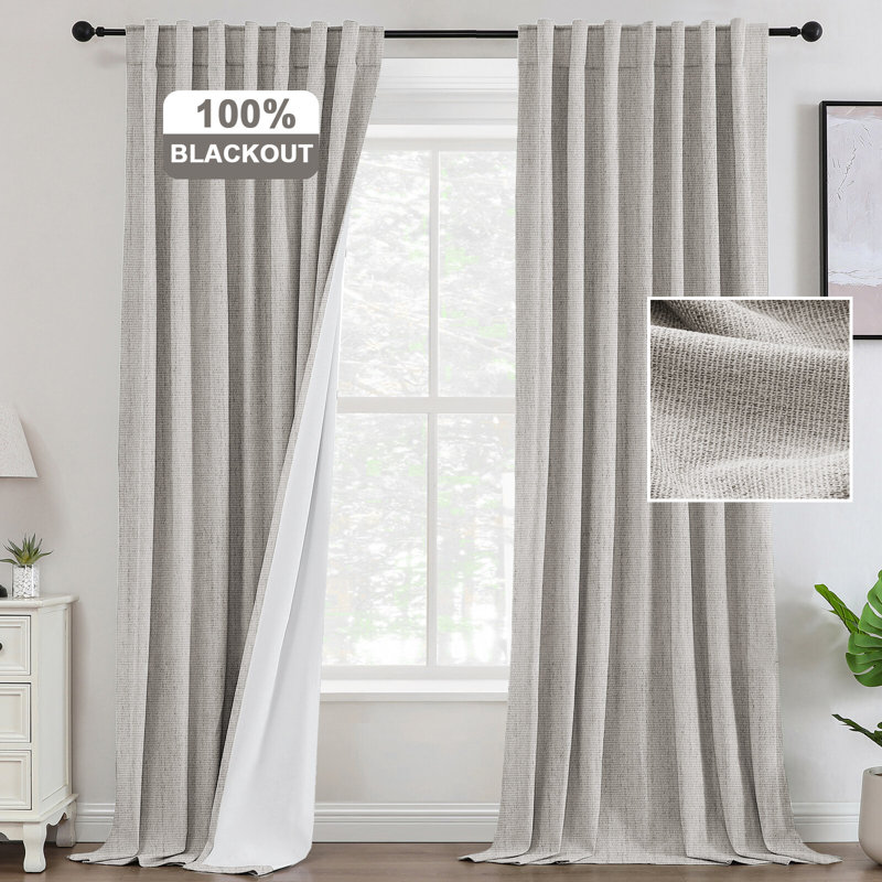 Premium Chenille Linen Textured 100% Blackout Curtains Thermal Insulated for Living Room Back Tab/Rod Pocket Bedroom Draperies 2 Panels