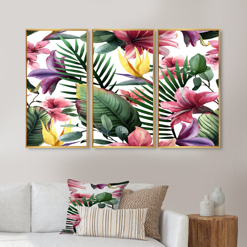 Fleurs tropicales rouges sur fond blanc II - 3 pièces sur toile avec cadre flottant, H 20 po x l 36 po x P 1 po, Cadre doré