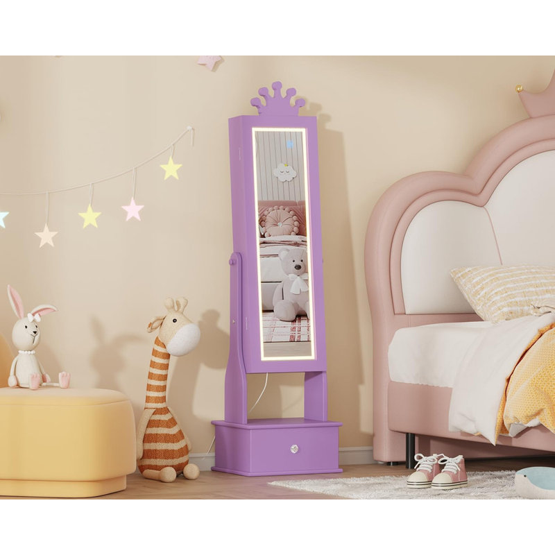 Kids Jewelry Armoire with LED Light, Freestanding Jewelry Organizer with Mirror & Drawers, Purple