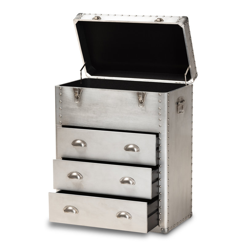Commode 3 tiroirs en métal au fini argent Mcclenon, H 29,65 po x l 23,87 po x P 13,01 po
