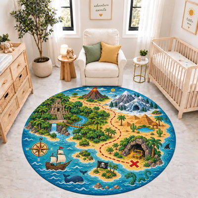 Tapis rond « Ultra Fin » 183 x 183 cm, motif Île au Trésor des Pirates, tapis d'intérieur doux à poils courts avec envers antidérapant en silicone, idéal pour la chambre d'enfant, la chambre de bébé et la salle de jeux.