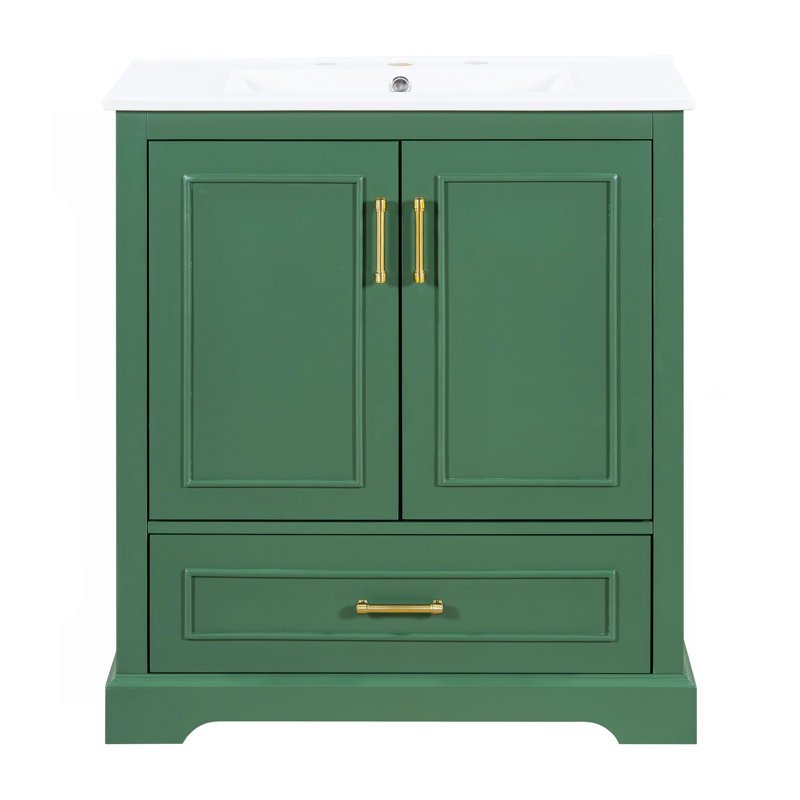 Meuble-lavabo autoportant de 30 po avec lavabo, panneau de fibres à densité moyenne et structure en bois massif, 1 tiroir de séparation et 2 portes à fermeture en douceur (double tablette sur la porte)