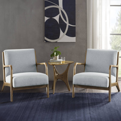 Novak Upholstered Mid-Century Armchair with Wood Arms and Frame, Light Blue