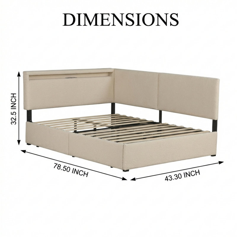 Structure de lit simple tapissier à motif de nuage beige avec tête de lit, avec pieds et lattes en bois massif avec éclairage à DEL et ports de chargement USB - aucun matelas à ressorts requis.