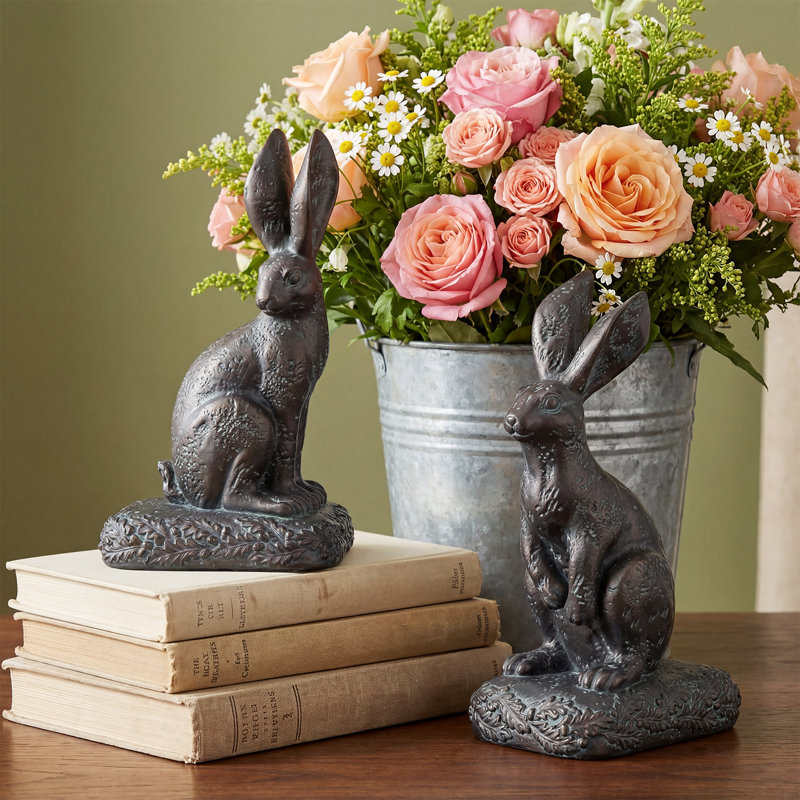 Vintage Rabbit Bookends – Decorative Bunny Figurines For Shelves & Tabletops, Dark Bronze