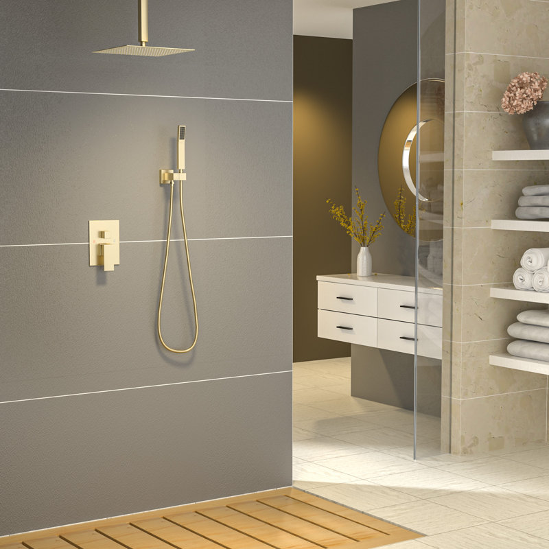 10" Ceiling Mounted Pressure Balancing Dual Shower Head Rain Shower System with Rough-in Valve and Trim Kit, Matte Gold