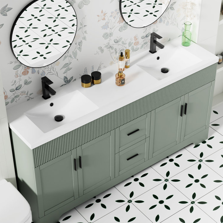 72" Integrated Double Sink Bathroom Vanity Top, Faucet and Drain