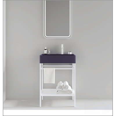 Meuble-lavabo 24 po avec lavabo en céramique, ensemble de lavabo console sur pied, lavabo rectangulaire en céramique mauve brillant sans robinet, pattes en métal ouvertes, tablettes de rangement, blanc