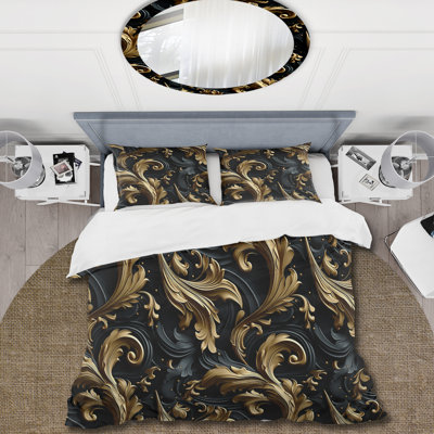 Gold And Black Luxury Damask Symphony Polyester Damask Duvet Cover Set