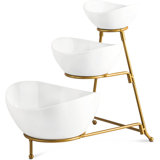 3 Tier Serving Stand Oval Serving Bowl With Metal Rack, Tied Serving Tray Food Display Dessert Appetizer, Serving Bowl Fruit Chip Dip Bowl Set For Parties, Gold