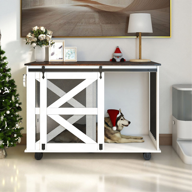 Caisse mobile pour chien 47,2 po avec porte à rabattable, système à double accès et 5 roulettes (2 verrouillables), crochets latéraux - chenil multifonctionnel pour animaux de compagnie, double cage pour chien