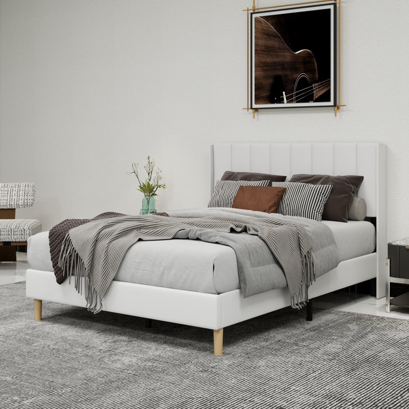 Lit plateforme tapissier avec tête de lit, Complète, Blanc