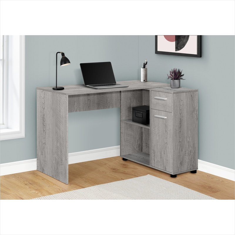 Bureau d'ordinateur en L de 46 pouces avec rangement, panneau de particules gris neutre, contemporain