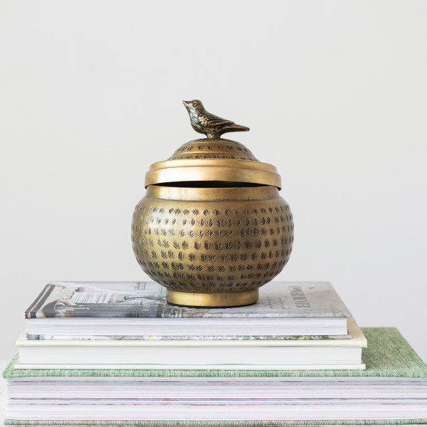 Feliberto Round Hammered Metal Container with Bird Finial