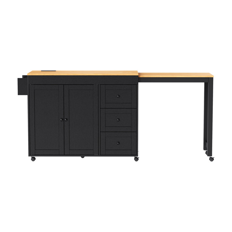 74.8" Kitchen Island With Extendable Dining Table, Kitchen Storage Cart With 3 Drawers, Power Outlet, Rolling Kitchen Island On Wheels With Spice Rack And 2 Door Cabinet, For Kitchen, Black