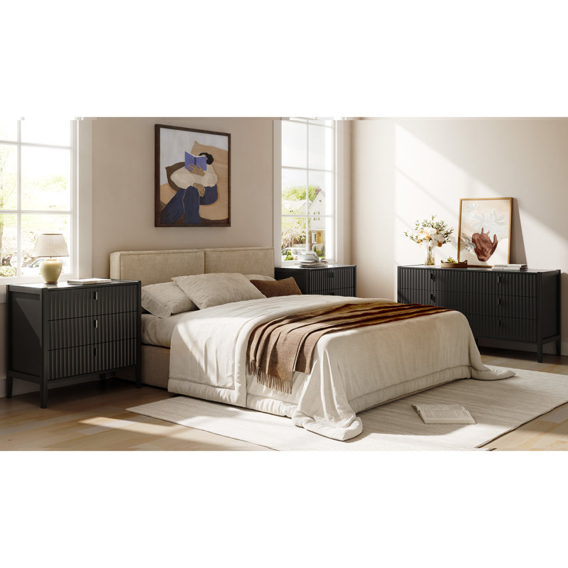 Ensemble de chambre à coucher 3 pièces, commode 6 tiroirs et ensemble de table de chevet 3 tiroirs Elda, Black
