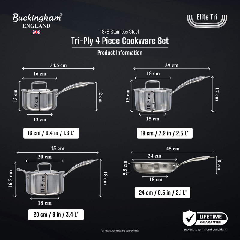 Buckingham Triply Stainless Steel 4pc Saucepan & Non Stick Frying Pan Set