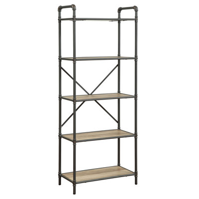 Bibliothèque en chêne antique et gris sableux - Design industriel rustique avec tubes en métal ouverts et tablettes en bois 5 pour organiser votre espace de rangement