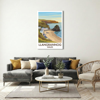 Llangrannog, Wales - Romantic Coastal Travel Poster Of Sandy Bay And Clifftop Village. Giclee Print On Wrapped Canvas. Wall Art, Home Decor - Cities & Towns, Wales - Wrapped Canvas Print