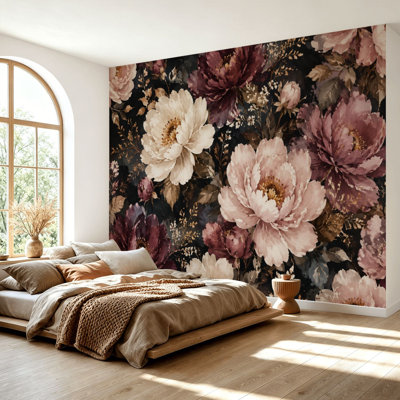 Wall Mural Peel and Stick Wallpaper Vintage Floral Burgundy Cream Peonies Dark Self-Adhesive Removable Contact Paper Wall Decor for Living Room Bedroom 69"H x 96"W