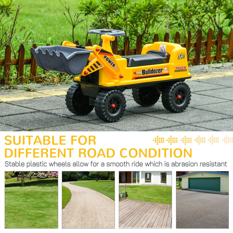 Yellow Plastic Ride-On Bulldozer with Storage and Digging Bucket