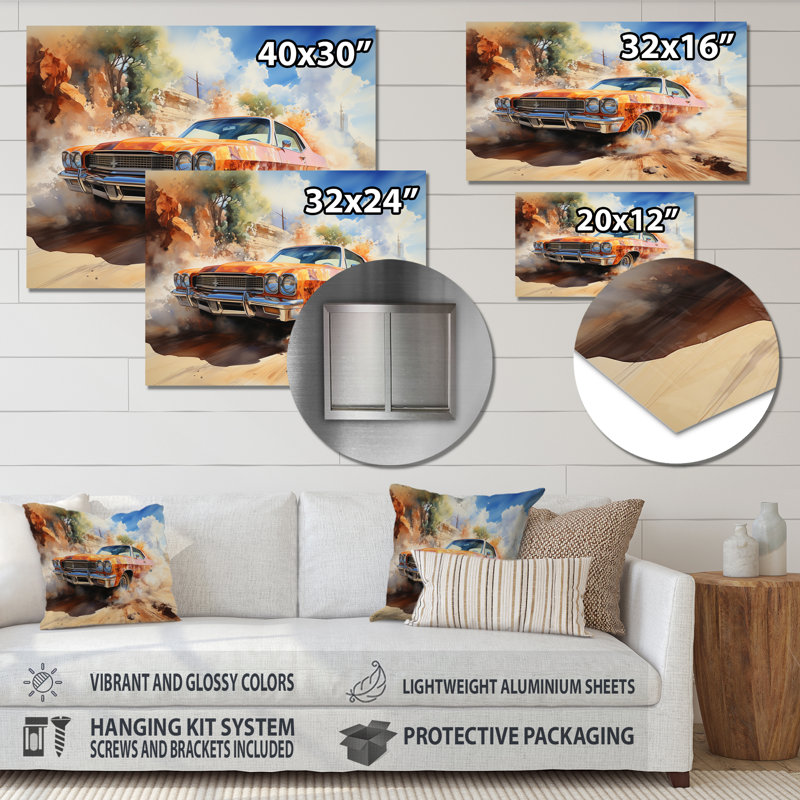 Orange Muscle Car on Offroad - Muscle Car, art mural en métal, H 24 po x l 32 po x P 1 po