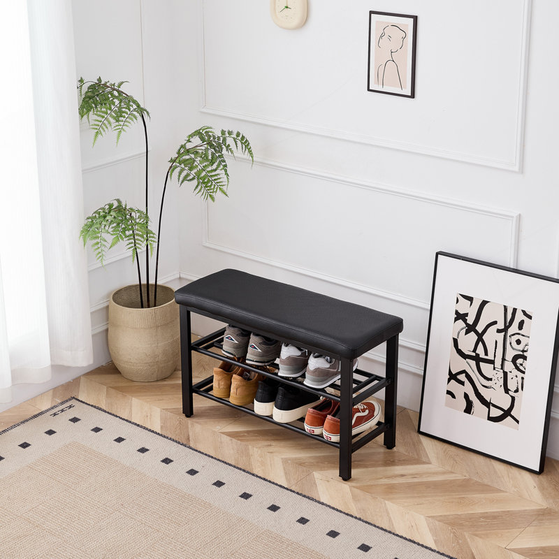 Small Shoe Bench, 3-Tier Shoe Rack, Shoe Storage Bench With PU Seat Cushion, Entryway Shoe Rack Bench With Metal Mesh Shelves, Freestanding Shoe Organizer For Hallway
