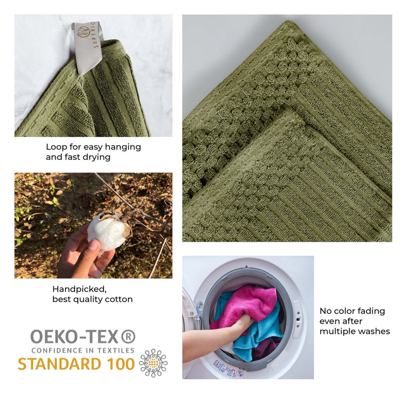 Kleiman Cotton Highly Absorbent Solid and Checkered Border Hand Towel Set, Sage Green
