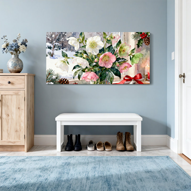 Scène de fenêtre de Noël fleurs d'hiver, H 28 po x l 58 po