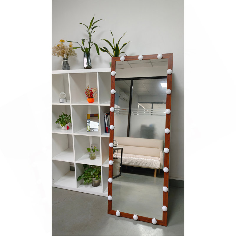 Hollywood Full Length Mirror With Lights Full Body Vanity Mirror With 3 Color Modes Wall Lighted  Standing Floor Mirror For Dressing Room Bedroom Hotel Touch Control Walnut 62.6"X23.3"